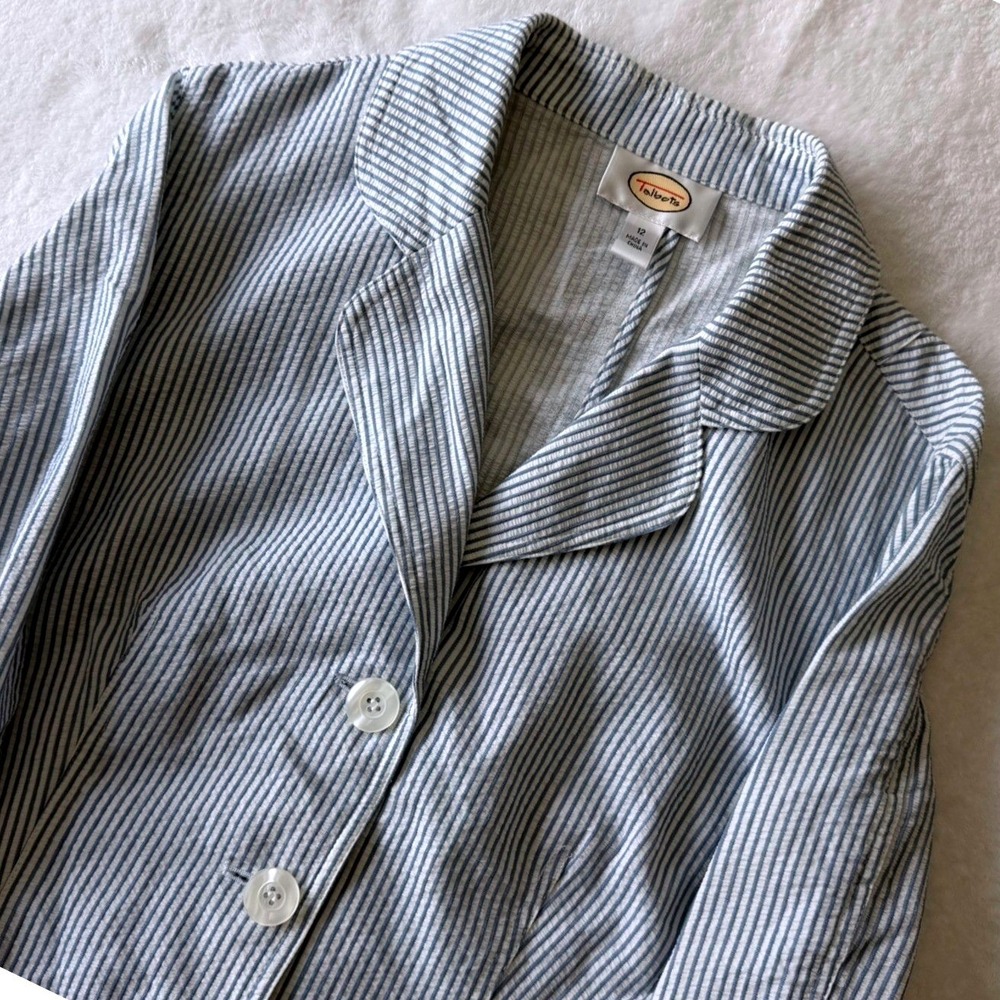 Talbots Womens Blue White Seersucker Stripe Cotton Blazer Jacket Size 12 EUC